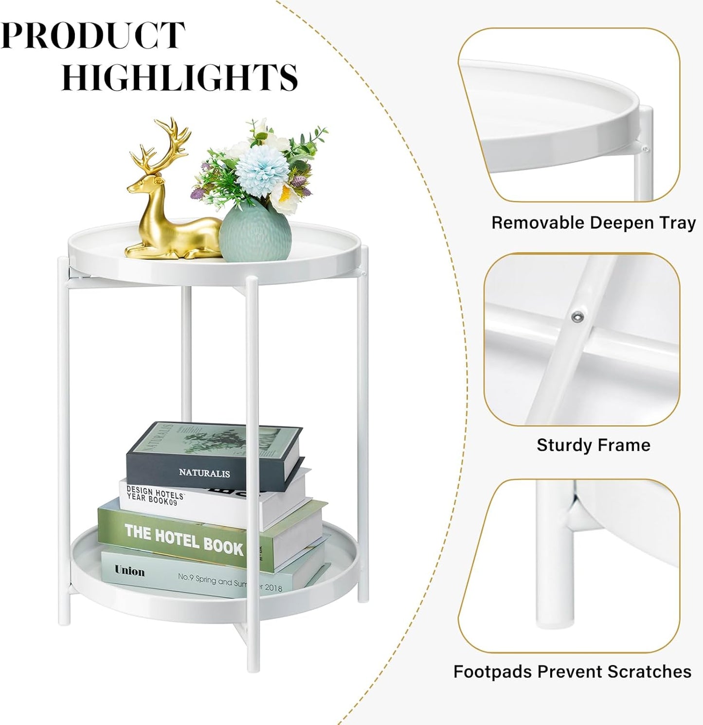 Danpinera 2 Tier Metal Side Table with Removable Tray - Round Accent Table, Anti-Rust White Nightstand for Bedroom, Balcony, Patio