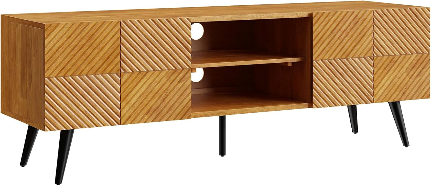 Bme Rhombus Wooden TV Stand with Storage Cabinets – Solid Acacia Wood, Geometric Rhombus Pattern Doors, Scandinavian Modern Entertainment Console with Metal Base