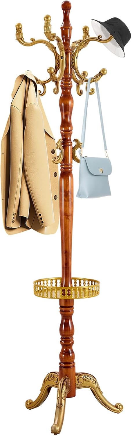 Solid Wood Coat Rack Freestanding, 77" Adjustable Hall Tree Hanger With Hooks, Coat Hanger Stand for Hanging Clothes Bags Hats in Living Room Bedroom