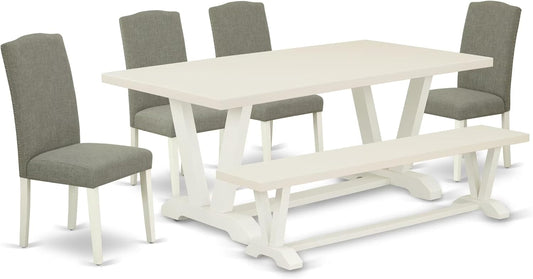 East West Furniture V027EN206-6 6 Piece Kitchen Table Set Contains a Rectangle Dining Table with V-Legs and 4 Dark Shitake Linen Fabric Parson Chairs with a Bench, 40x72 Inch, Multi-Color