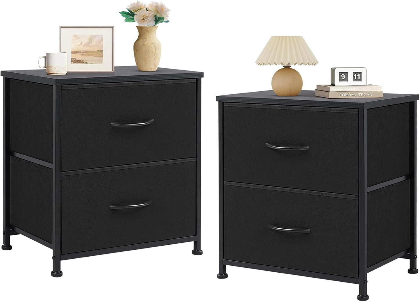 DUMOS Nightstand Small Dresser with 2 Fabric Drawers, Side Tables Bedroom End Table Bedside Storage Furniture for 20 inch Tall Night Stand for Entryway, College Dorm, Matte Black 2 Pack