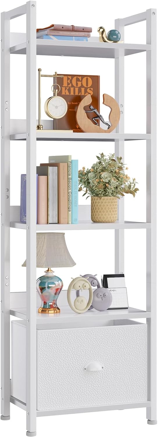 Furologee 5 Tier Bookshelf with Drawer, Tall Narrow Bookcase with Shelves, Wood and Metal Book Shelf Storage Organizer, Modern Display Standing Shelf Unit for Bedroom, Living Room, Office, White