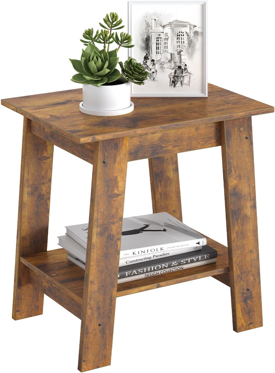 Garvee End Table, Side Table with 2-Tier Storage Shelf, Sofa Table for Small Space, Square Nightstand for Entryway, Farmhouse, Living Room, Easy Assembly, Rustic Brown