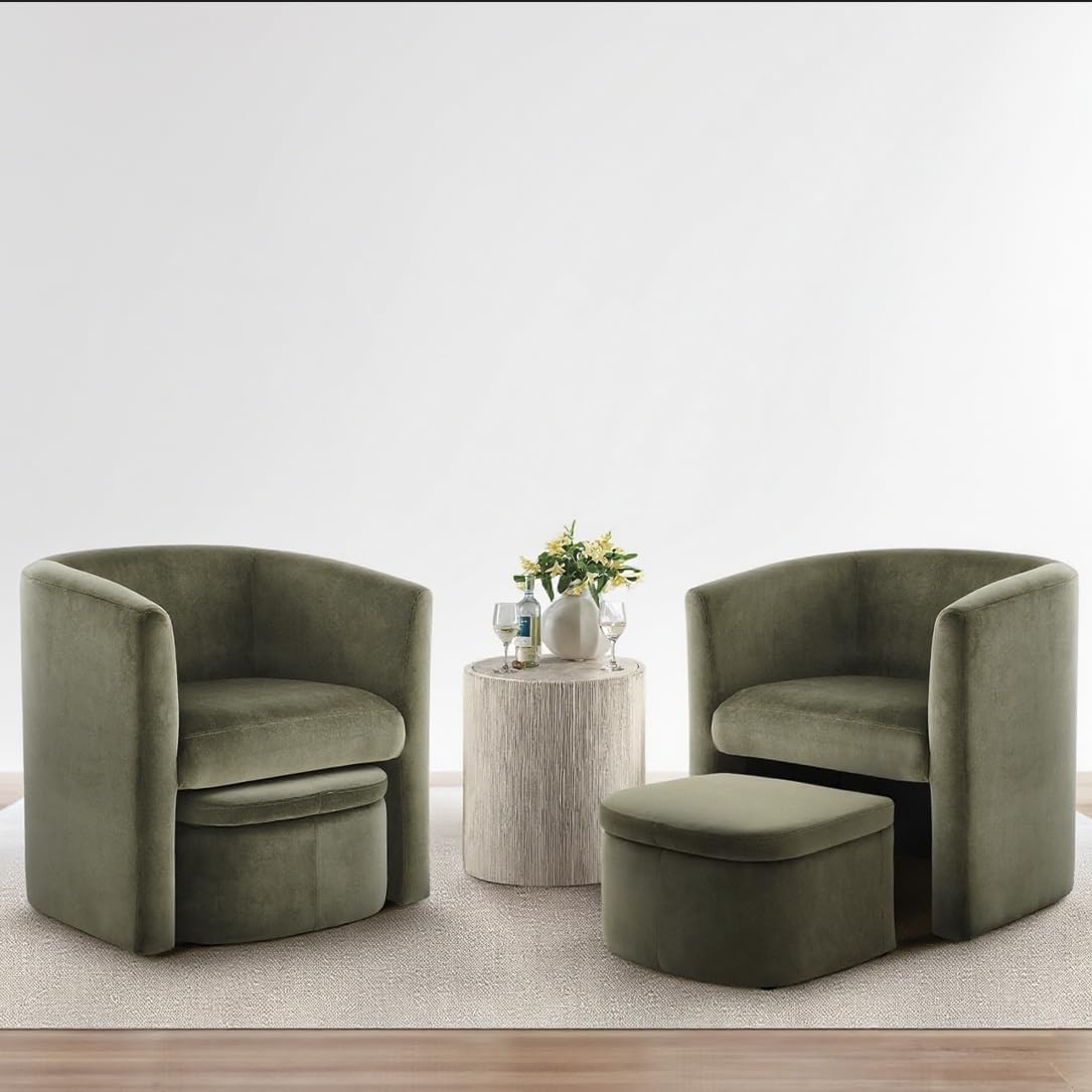 COLAMY Morden Velvet Living Room Side Chair with Storage Ottoman Set of 2, Single Sofa Armchair with Lounge Seat, Upholstered Barrel Accent Chair for Bedroom/Office/Reading Spaces, Green