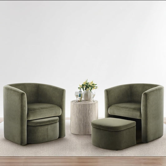 COLAMY Morden Velvet Living Room Side Chair with Storage Ottoman Set of 2, Single Sofa Armchair with Lounge Seat, Upholstered Barrel Accent Chair for Bedroom/Office/Reading Spaces, Green