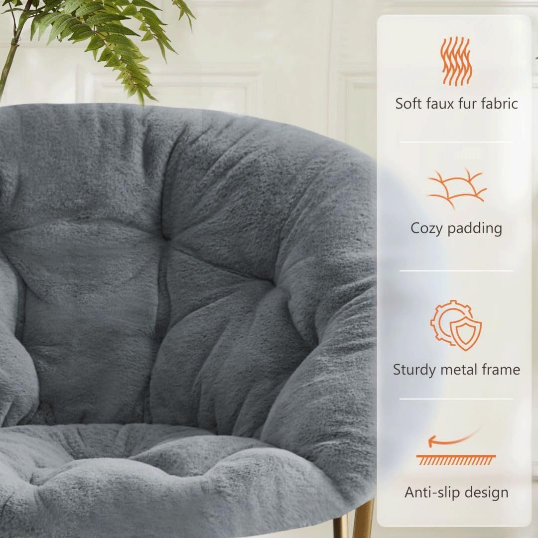 Comfortable Cozy Faux Fur Disc Chair Foldable Feature for Bedroom, Living Room and Dorm, Adult-Sized Relaxation, Grey