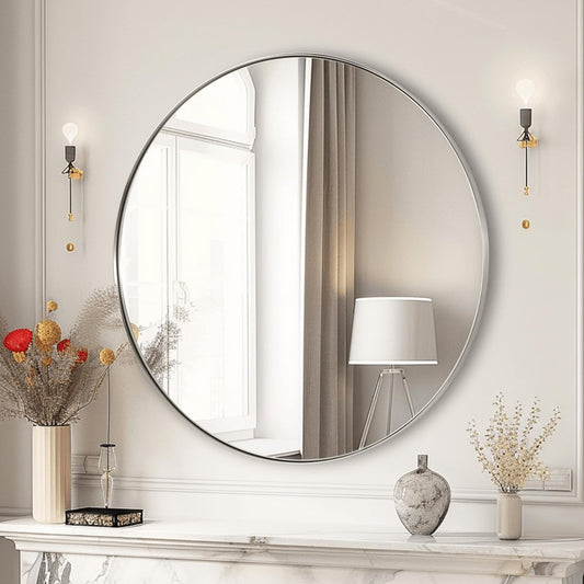 ANDY STAR Nickel Round Mirror, 26" Brushed Nickel Round Mirror, Sliver Circle Bathroom Mirrors in Stainless Steel Metal Frame 1" Deep