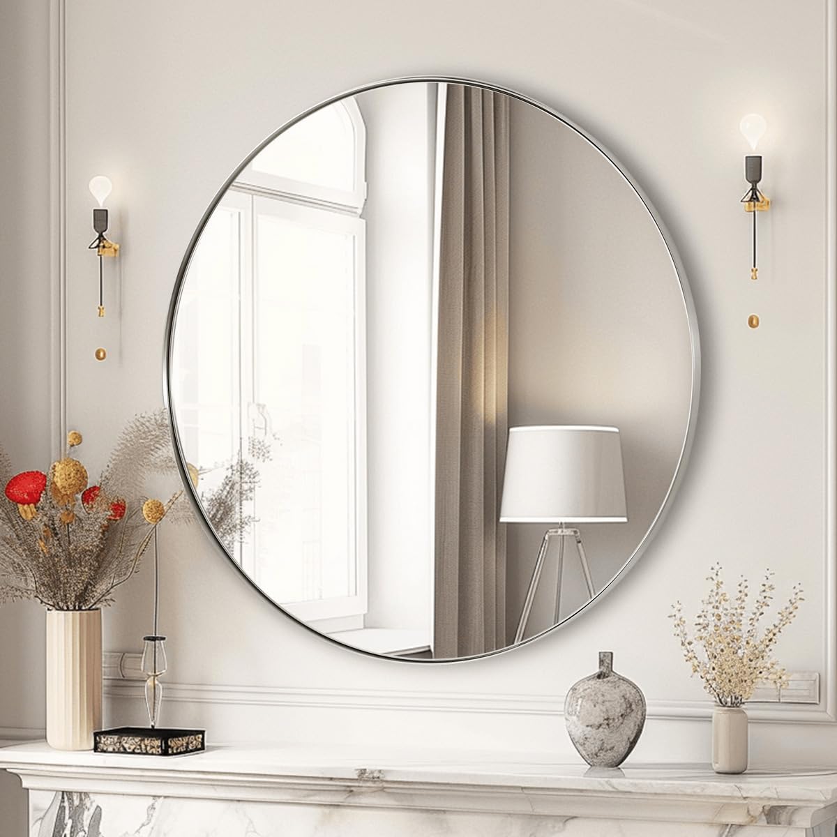 ANDY STAR Round Bathroom Mirror, 24’’ Brushed Silver Round Bathroom Mirrors in Stainless Steel Metal Frame 1" Deep Set Design