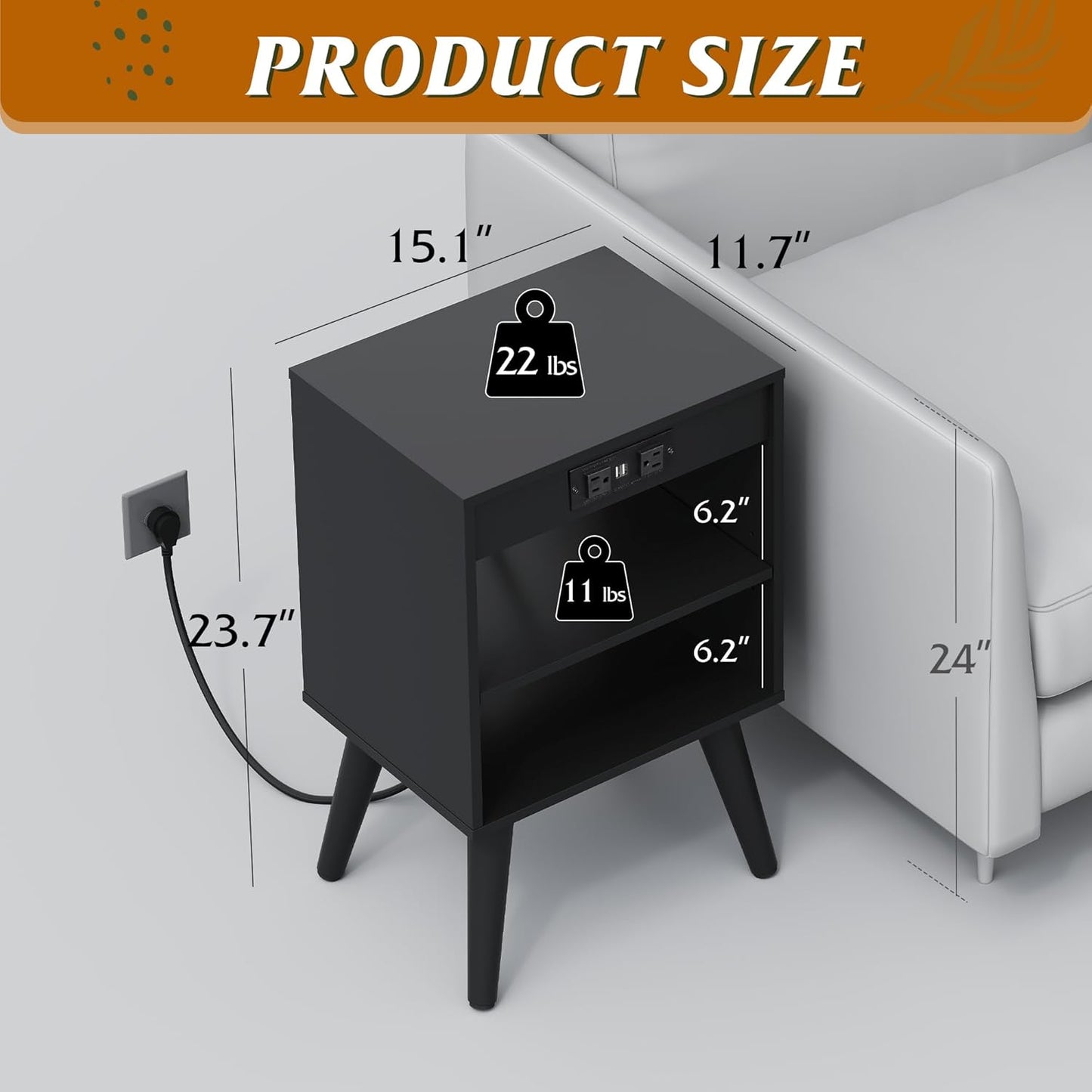 WLIVE Black Nightstand, Night Stand with Charger Station, Bedside Tables, Side Table with Storage Shelf, End Table with USB Ports and Outlets for Bedroom, 15.12" D x 11.73" W x 23.74" H