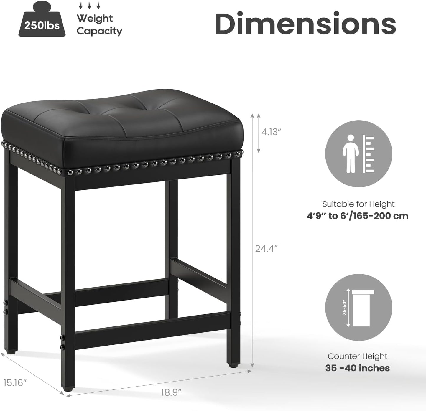 MALOL Set of 6 Saddle Bar Stools Counter Height 24.4”, Black Backless Barstools for Kitchen Island, Modern PU Leather Cushioned Seat, Bar Chairs for Kitchen Counter, Breakfast Bar Stools for Home