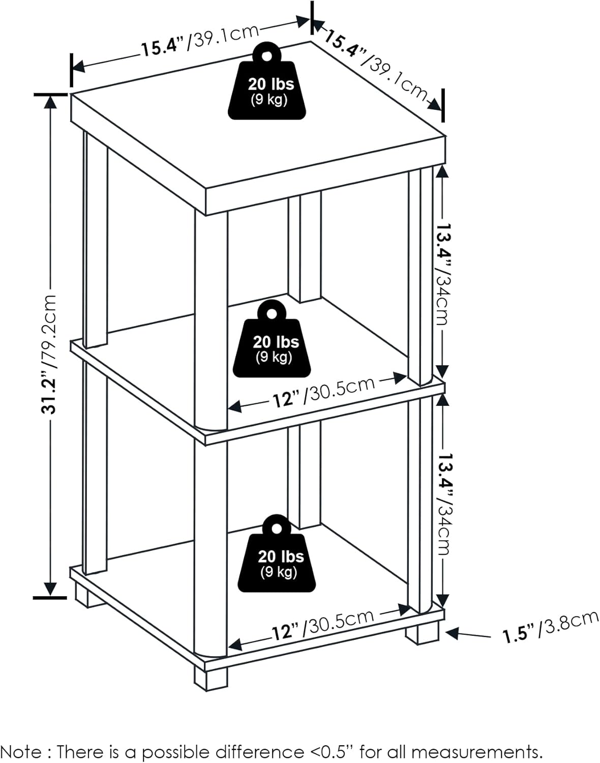 Furinno Turn-N-Tube Classic 3-Tier End Table, Side Table, Espresso/Black