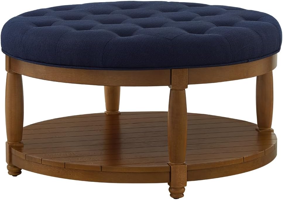 24KF Upholstered Round Coffee Table with Wooden Shelf, Tufted Button Large Round Ottoman with Spindle Wooden Legs, Linen Large Footrest Ottoman Pouf for Living Room, Navy Blue