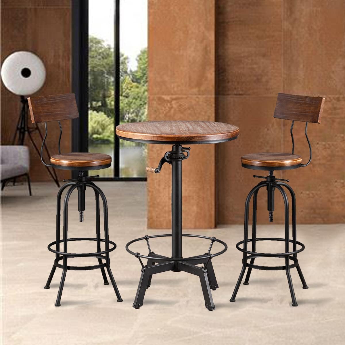 3-Piece Crank Handle Bar Table (33.5"-39.4") & 2 Backrests Stools (26"-32") Set for Pub Kitchen Dining Living Party Bistro Breakfast, Swivel Brown Top, Height Adjustable, Most Weld, Space-Saving