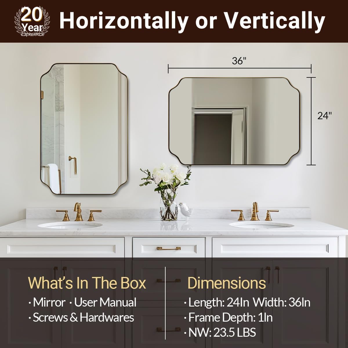 ANDY STAR 24"x36" Gold Mirror, Brushed Brass Scalloped Wall Mirror, Bathroom Mirror for Vanity, Wall Mirror with Aesthetic Scalloped Edge Design Ideal for Bathroom, Bedroom or Entryway