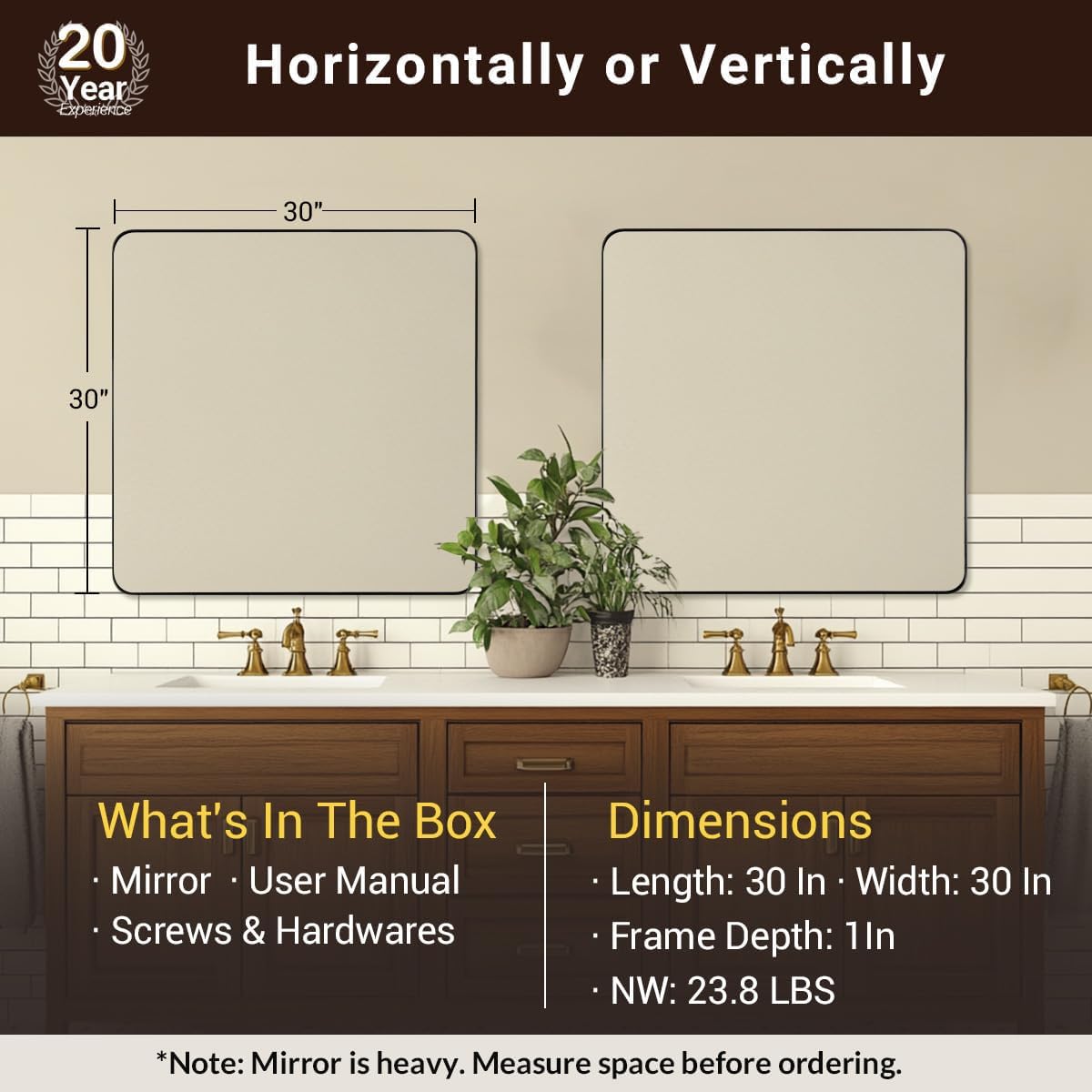 ANDY STAR Black Bathroom Mirrors for Over Sink, 30x30 Inch Matte Black Mirror for Bathroom, Square Metal Vanity Mirror for Wall-Modern Clean Design with Superior Stainless Steel Frame