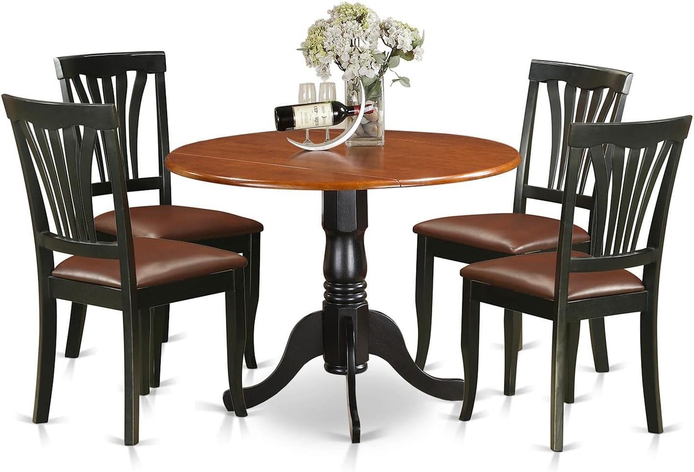 East West Furniture DLAV5-BCH-LC 5 Piece Dinette Set for 4 Includes a Round Dining Room Table with Dropleaf and 4 Faux Leather Kitchen Dining Chairs, 42x42 Inch, Black & Cherry