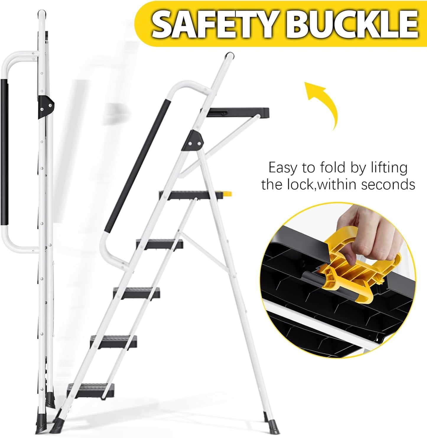 KINGRACK Folding 5-Step Ladder, 800 lbs Capacity Step Stool with Safety Lock, Tool Tray, Non-Skid Wide Steps, Handrail, Household Folding Ladder for Home, Garden, Painting, Outdoor, and Garage, White