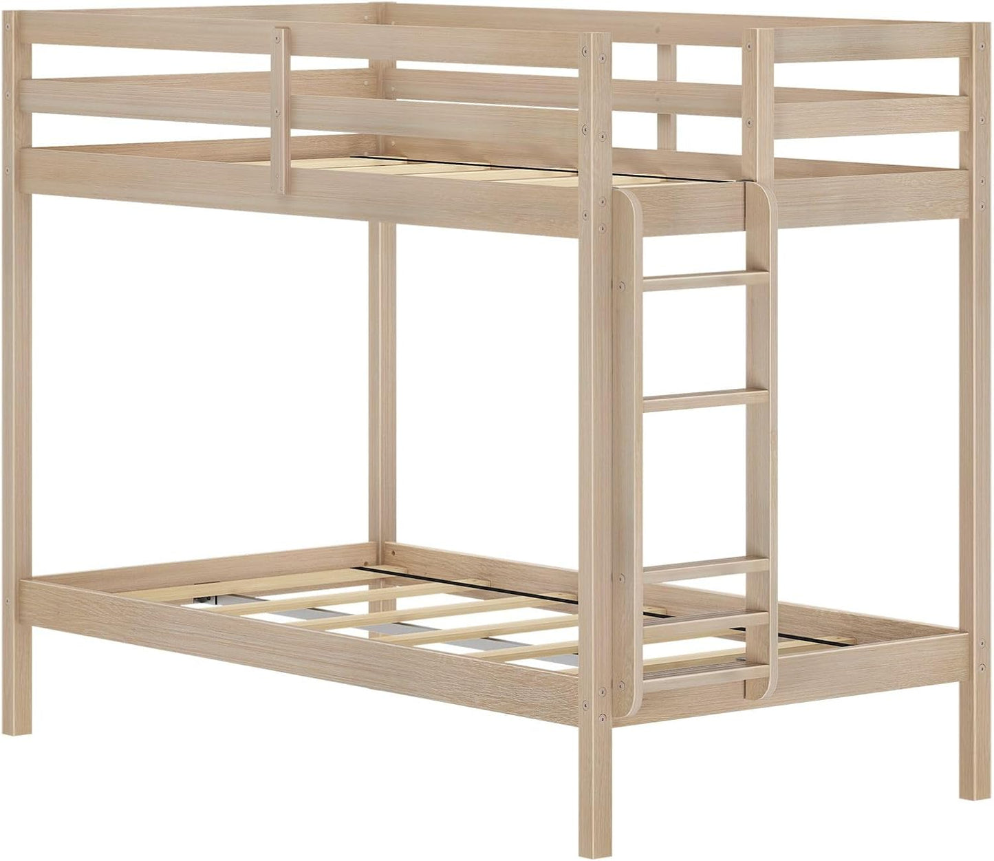 Grain & Grove Bear Twin Over Twin Bunk Bed, Sturdy Bunk Bed Frame for Kids, Plywood Bunk with Ladder, Guardrail, and Slats, No Box Spring Required, Oak Embossed Natural