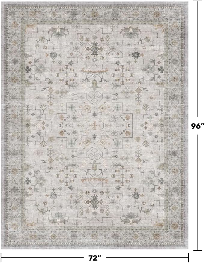 Boho Light Grey Living Room Rug 6x8 - Modern Vintage Eclectic Floral Paste Neutral Taupe, Washable Low Pile Non-Slip Large Area Rugs for Dining Under Table, Bedroom