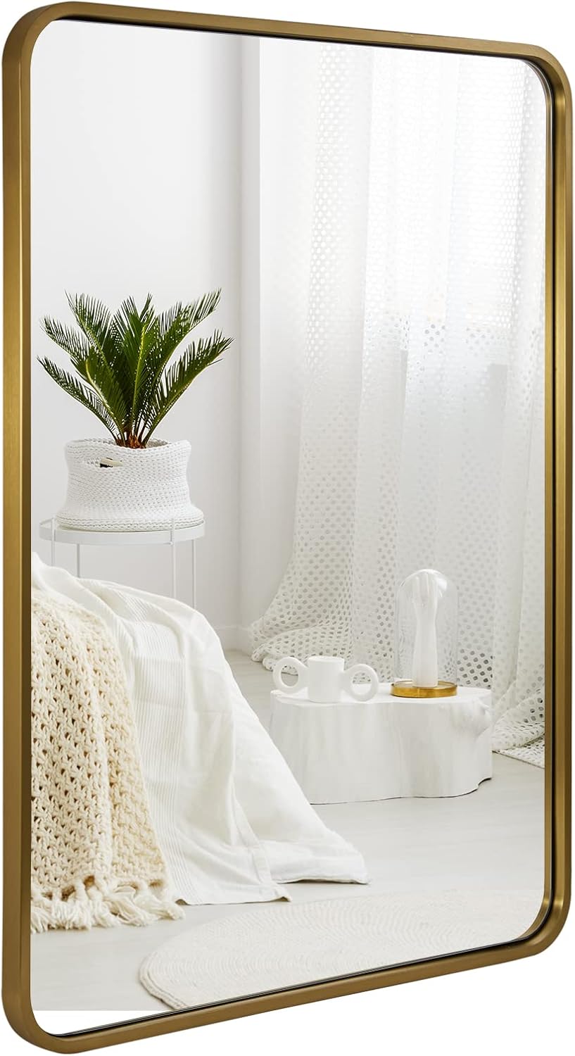 ANDY STAR Brushed Gold Mirrors for Bathroom, 24x36’’ Rounded Rectangle Mirror, Modern Brass Bathroom Vanity Mirror Non-Rusting Metal Tube Framed 1’’ Deep Wall-Mounted Mirrors Vertical/Horizontal