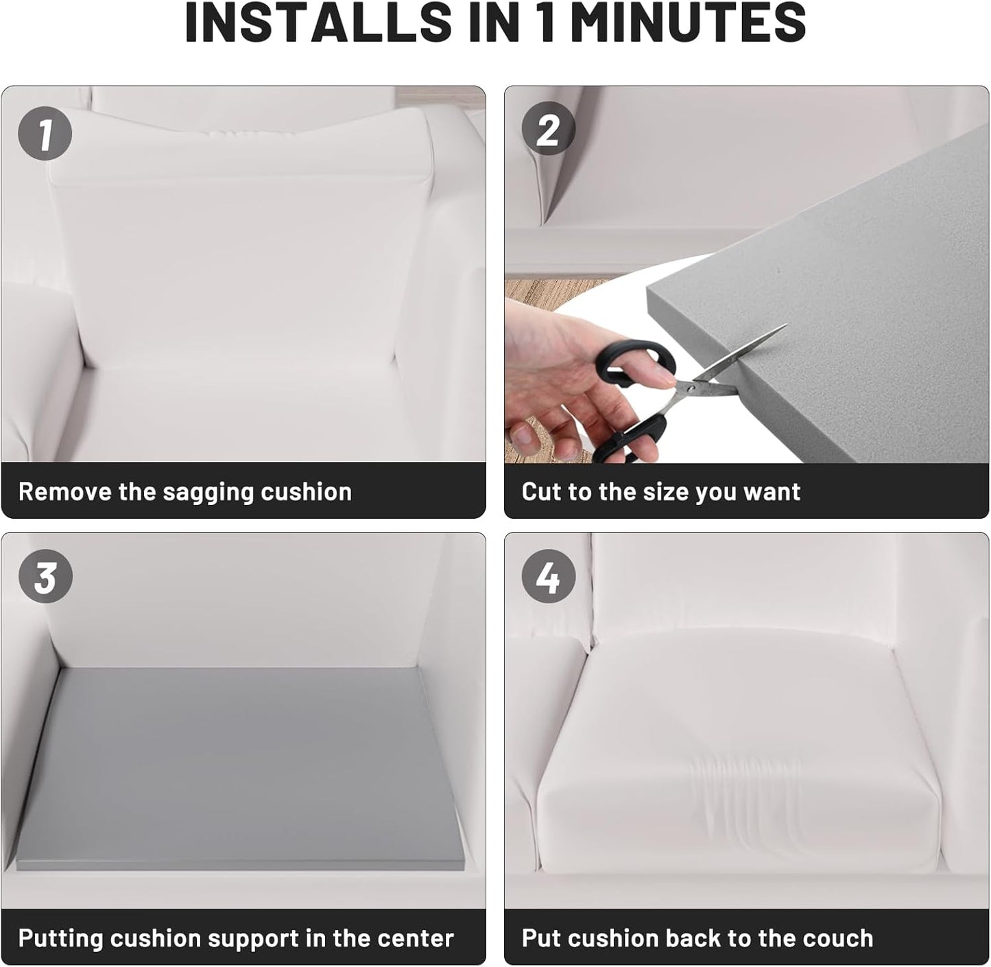 Couch Cushion Support for Sagging Seat – 1 Pack 20x20x2 Inch Sofa Cushion Board Saver & Replacement Insert for Saggy Couch or Chair, Quick No-Tool Install with 40D Memory Foam