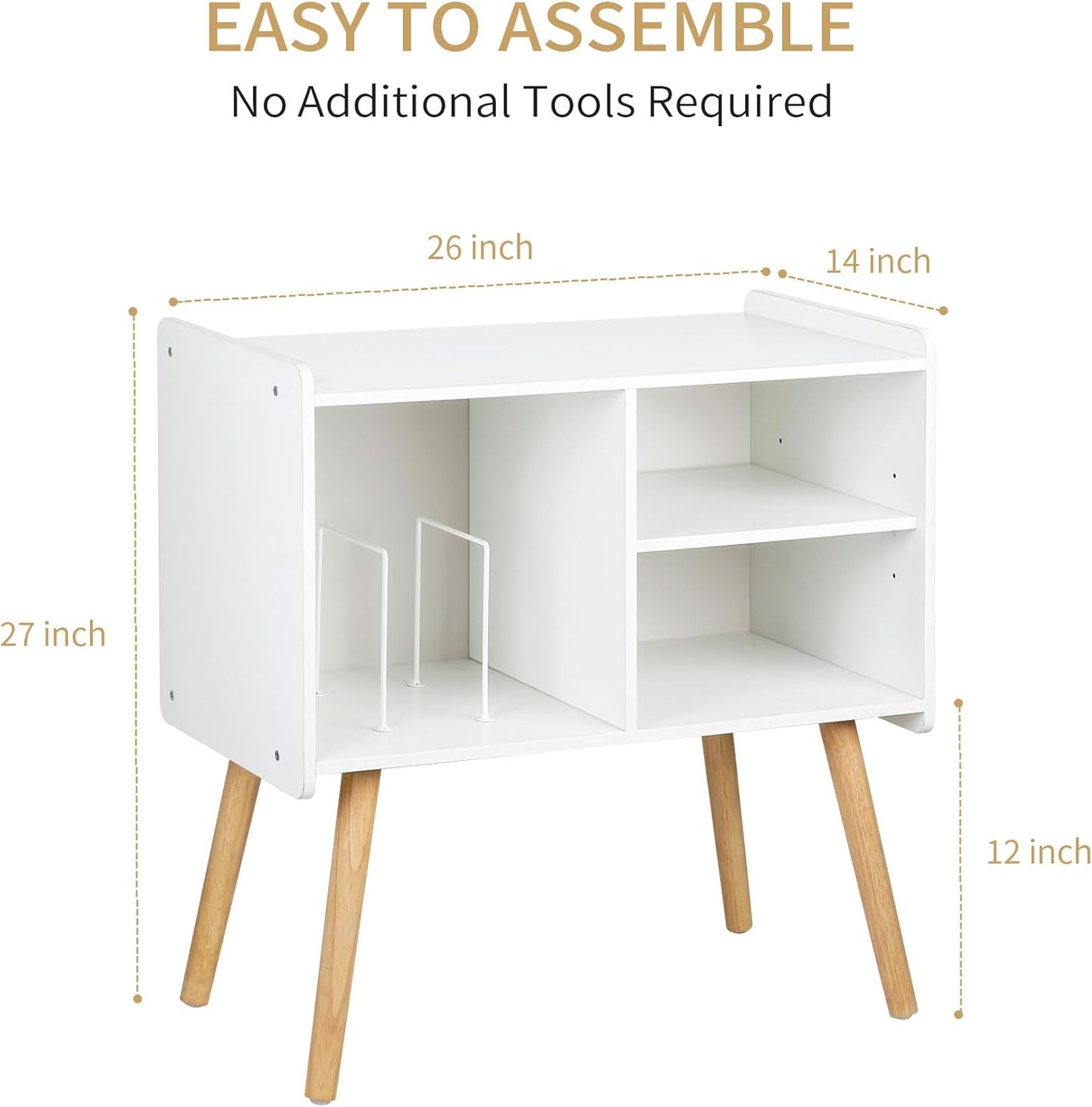 Mid-Century Record Player Stand, Vinyl Record Cabinet Holder with Storage Up to 100 Albums, Record Player Table for Living Room Bedroom Office, Turntable Stand with Wood Legs, White