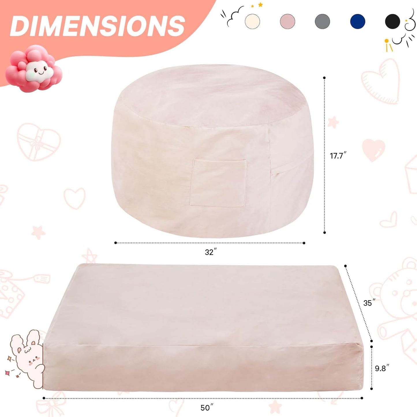 Kids Bean Bag Chair Bed - Convertible Lazy Chair to Floor Mattress with Filler - Small Beanbag Chair for Boys and Girls - Floor Couch Sofa in Bedroom, Classroom, Reading Nook - Pink