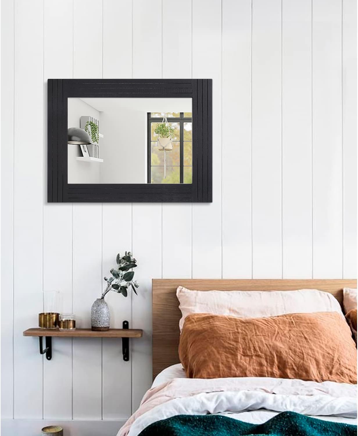 Black Vintage Rustic Wood Framed Wall Mirror Farmhouse Rectanglular Antique Decor Hanging Mirror for Bathroom Bedroom Living Room Entryway Large 20"x16"