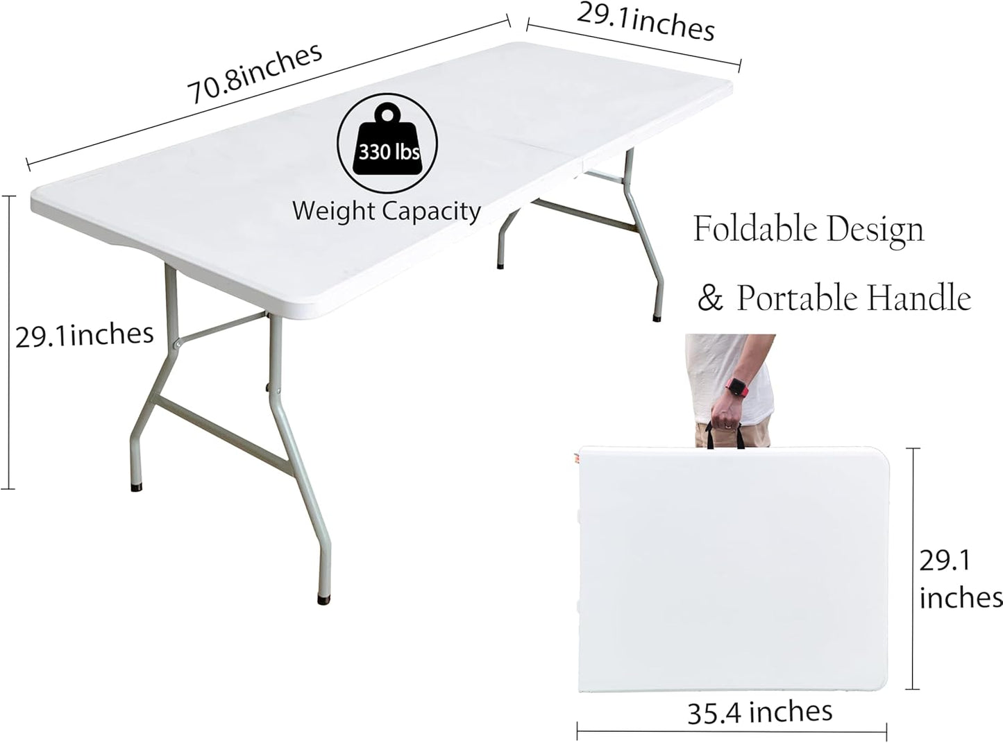 6 Foot Folding Table 6ft Fold in Half Heavy Duty Plastic Foldable Table, 72 inch Portable Table with Handle,Indoor Outdoor 6‘ Utility Card Tables for Picnic, Party, Dining