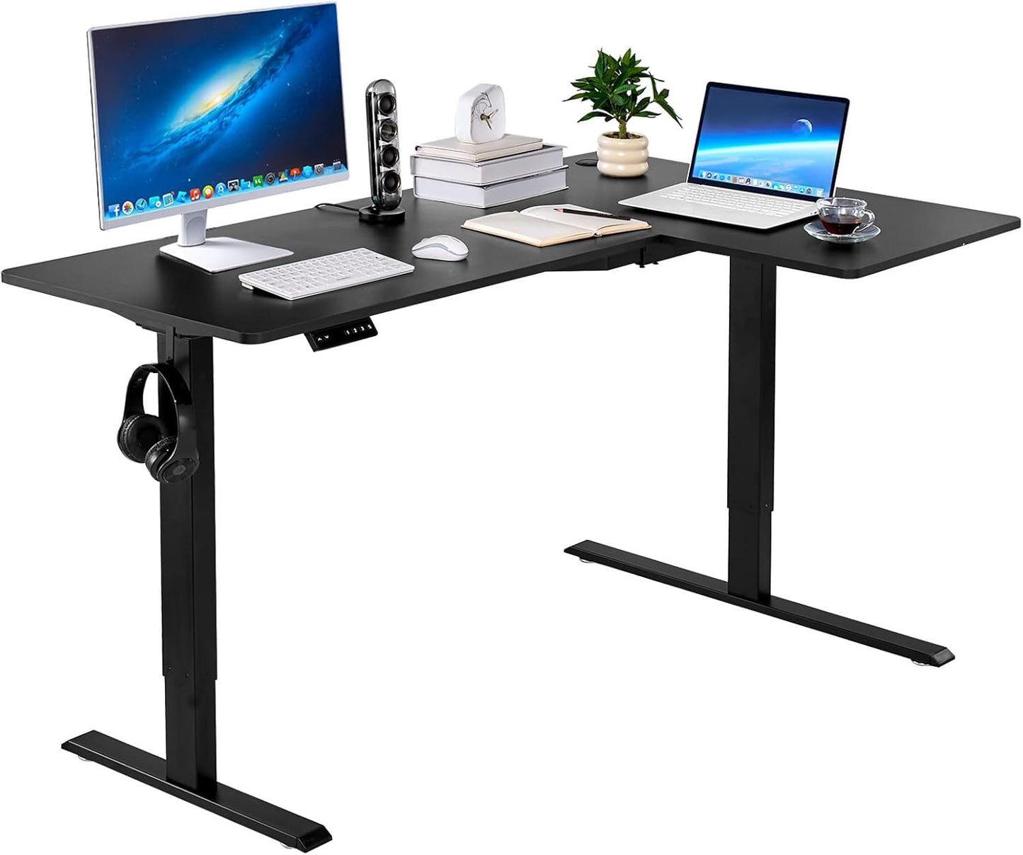 VEVOR Electric L Shaped Standing Desk 63"x39", 3 Memory Height Adjustable, Dual Motor Corner Sit Stand Up Desk with 2 Hooks, Heavy Duty Carbon Steel Computer Table Workstation, Easy to Assemble, Black