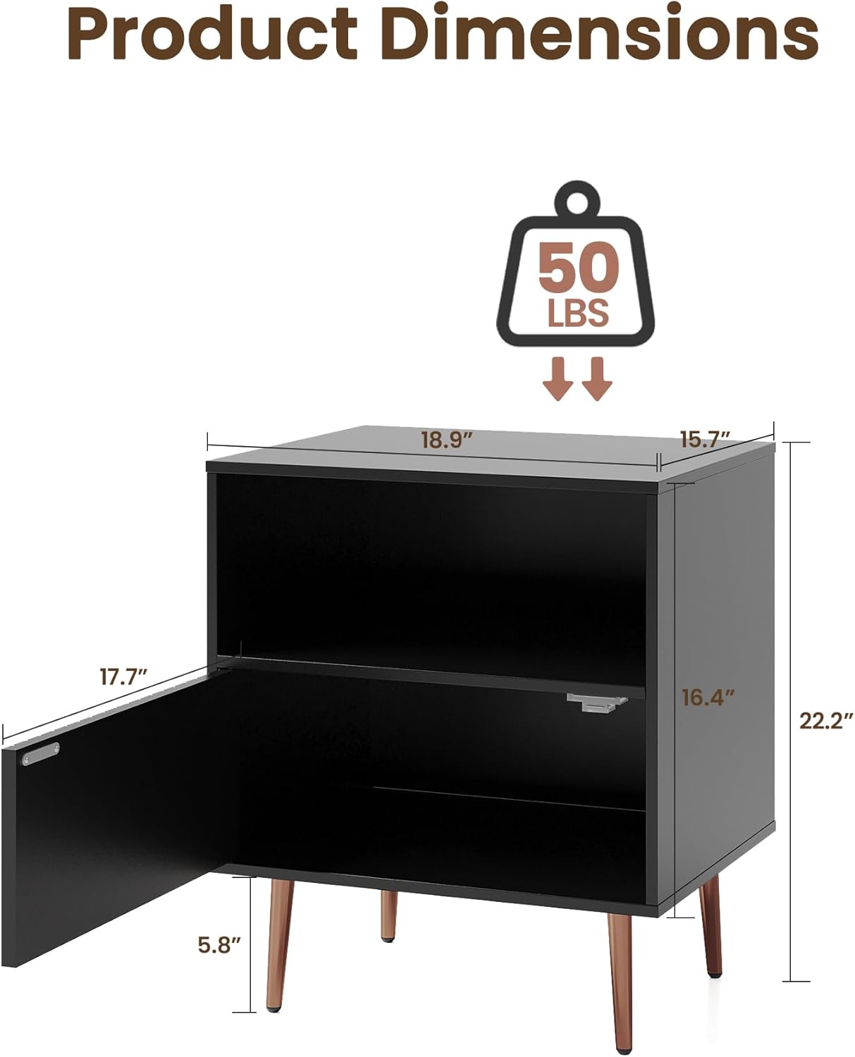 Black Night Stand Set 2,Modern Bedside Table with Door and Open Storage,Fluted Nightstand and Wood End Side Table with Rose Gold Metal Legs and Handles for Bedroom,Living Room,Black