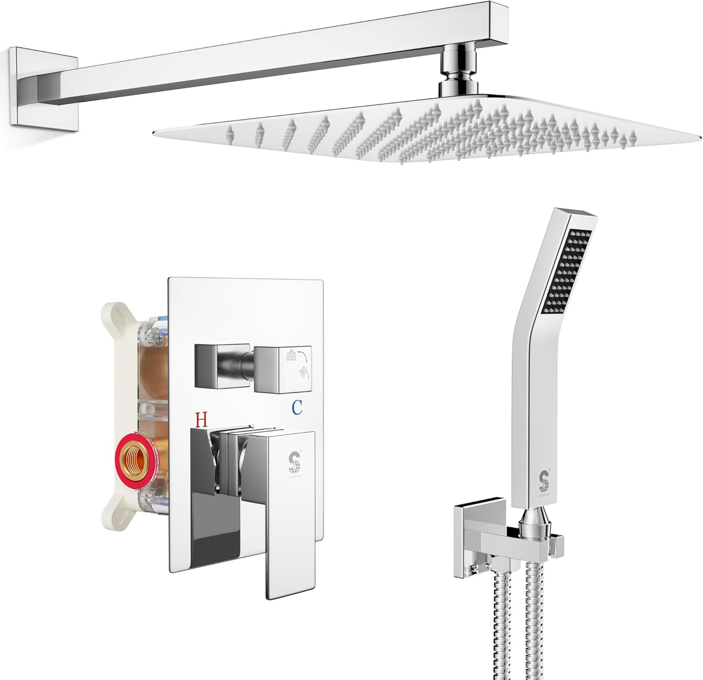 SR SUN RISE SRSH-D1203 12 Inches Bathroom Luxury Rain Mixer Shower Combo Set Wall Mounted Rainfall Shower Head System Polished Chrome Shower Faucet Rough-in Valve Body and Trim Included