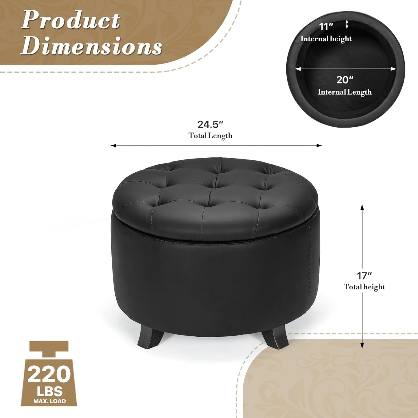 Athena Collection 24.5 Inch Small Ottoman with Storage, Round PU Leather Storage Ottoman Foot Rest with Removable Lid, Multipurpose Footstool Footrest for Livingroom, Bedroom, Dorm, Black