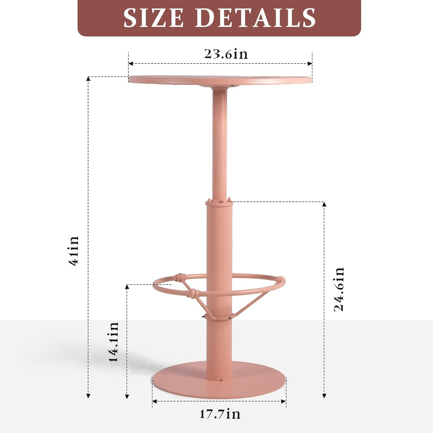 42" Tall Modern Industrial Bar Table-23.6" Dia Round Metal Top Standing Pub Cocktail Bistro Table-Indoor Outdoor Patio-Commercial Grade, Heavy Duty (Peach-Pink)