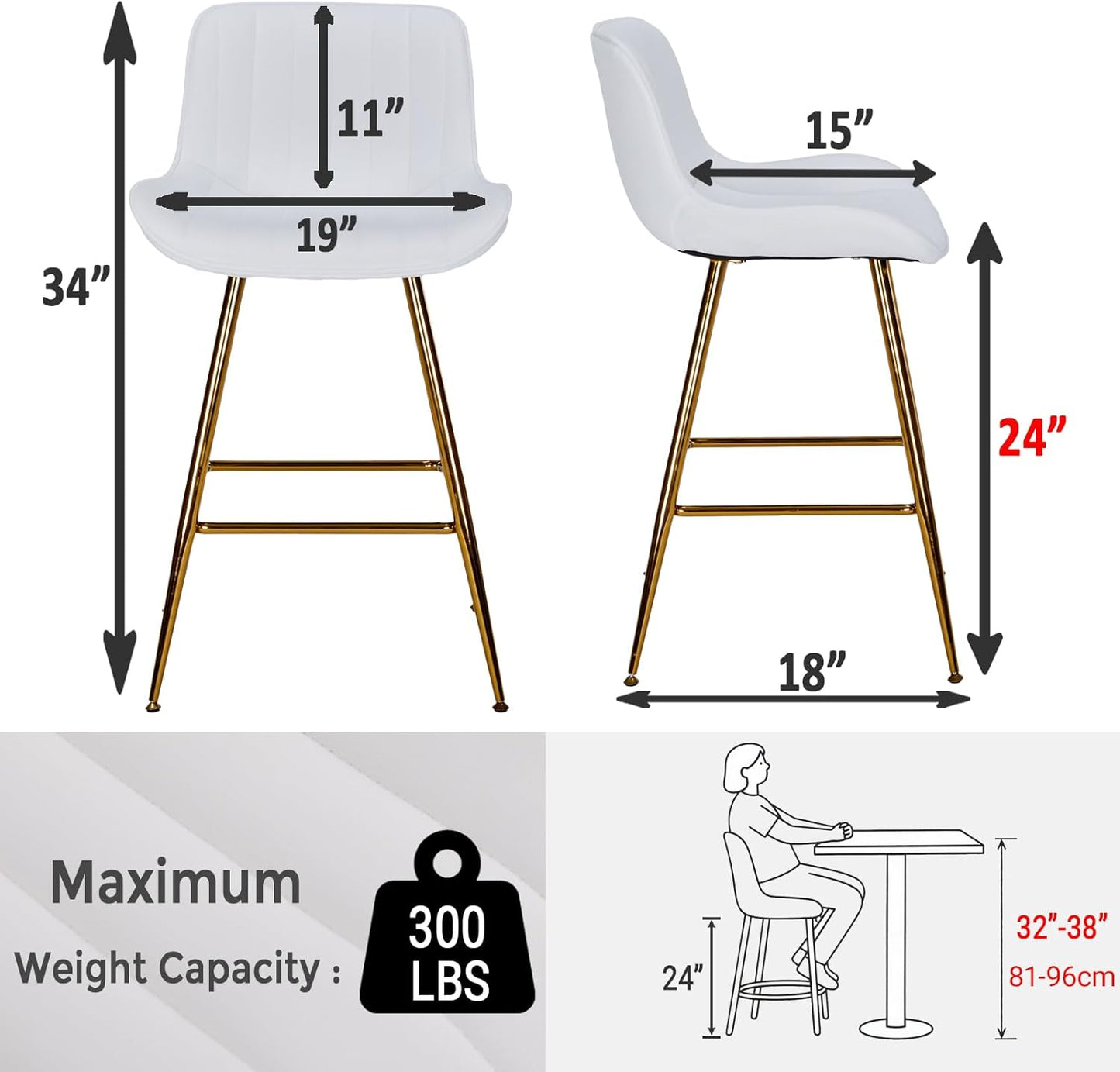 Sidanli Gold Barstools Set of 2, White Bar Stools with Gold Legs, Velvet Stools for Kitchen Island, 24inch Luxury Barstools with Adjustable Footrests