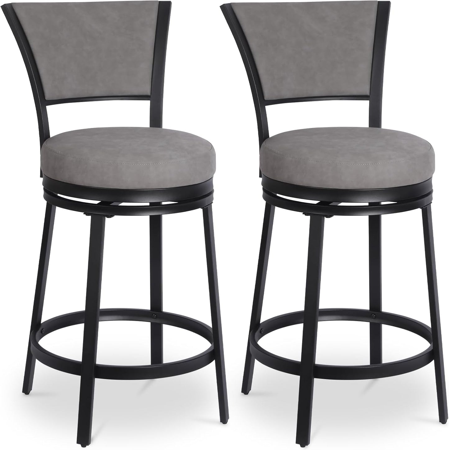 Bar Stools, Modern Counter Height Barstools Set of 2, 25" Faux Leather Round Swivel Bar Stools with Backrest, Upholstered Metal Bar Chairs for Kitchen Island, Kitchen Counter, Pub, Grey