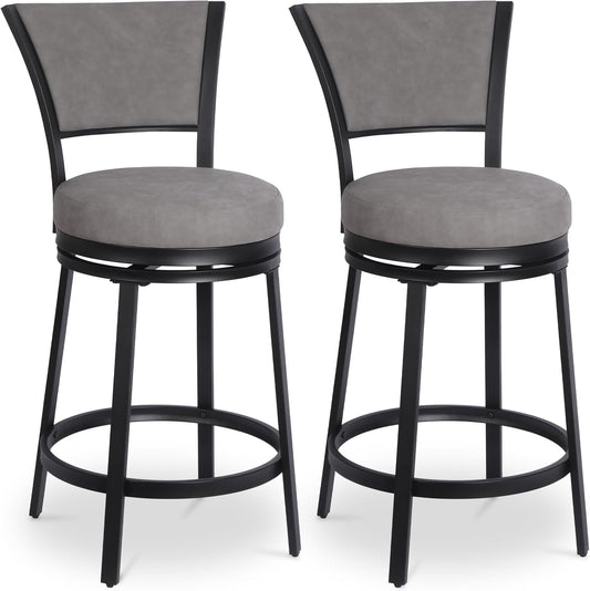 Bar Stools, Modern Counter Height Barstools Set of 2, 25" Faux Leather Round Swivel Bar Stools with Backrest, Upholstered Metal Bar Chairs for Kitchen Island, Kitchen Counter, Pub, Grey