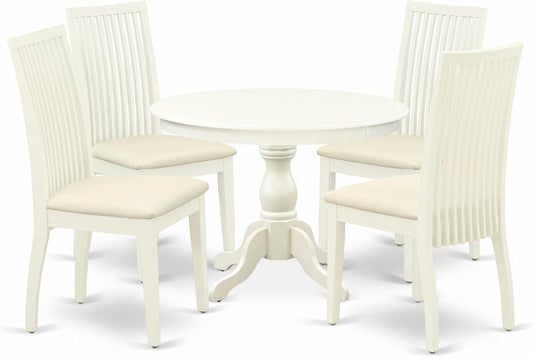 East West Furniture HBIP5-LWH-C 5 Piece Dining Set Includes a Round Dining Table with Pedestal and 4 Linen Fabric Kitchen Room Chairs, 42x42 Inch, Linen White