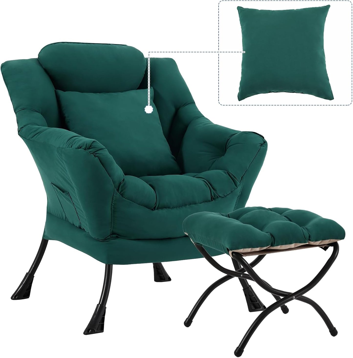 Lazy Chair with Ottoman, Comfy Reading Chair with Footstool & Pillow Modern Lounge Chairs with Armrests & Side Pocket for Living Room, Bedroom, Dorm Room，Dark Green
