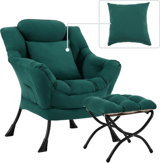 Lazy Chair with Ottoman, Comfy Reading Chair with Footstool & Pillow Modern Lounge Chairs with Armrests & Side Pocket for Living Room, Bedroom, Dorm Room，Dark Green