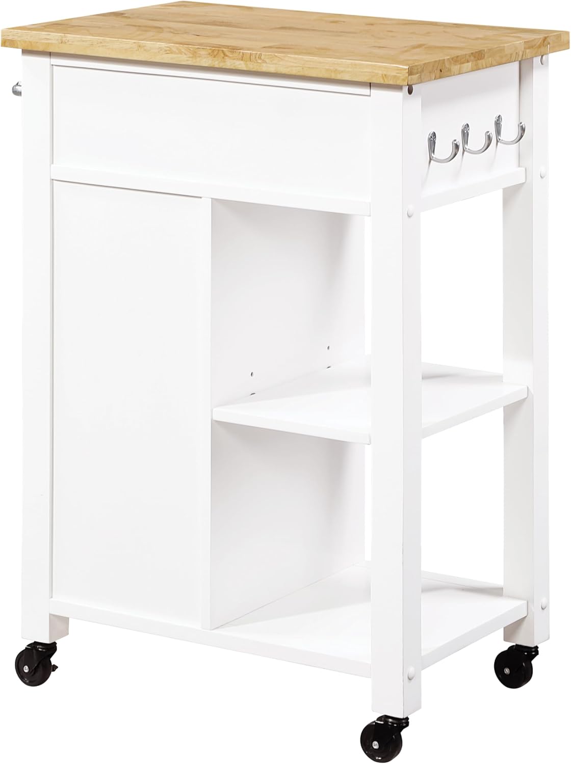 OSP Home Furnishings Derry Modern Farmhouse Kitchen Cart with Natural Butcher Block Top, Rolling Storage Cabinet with Drawer, Shelves, Hooks, White Finish