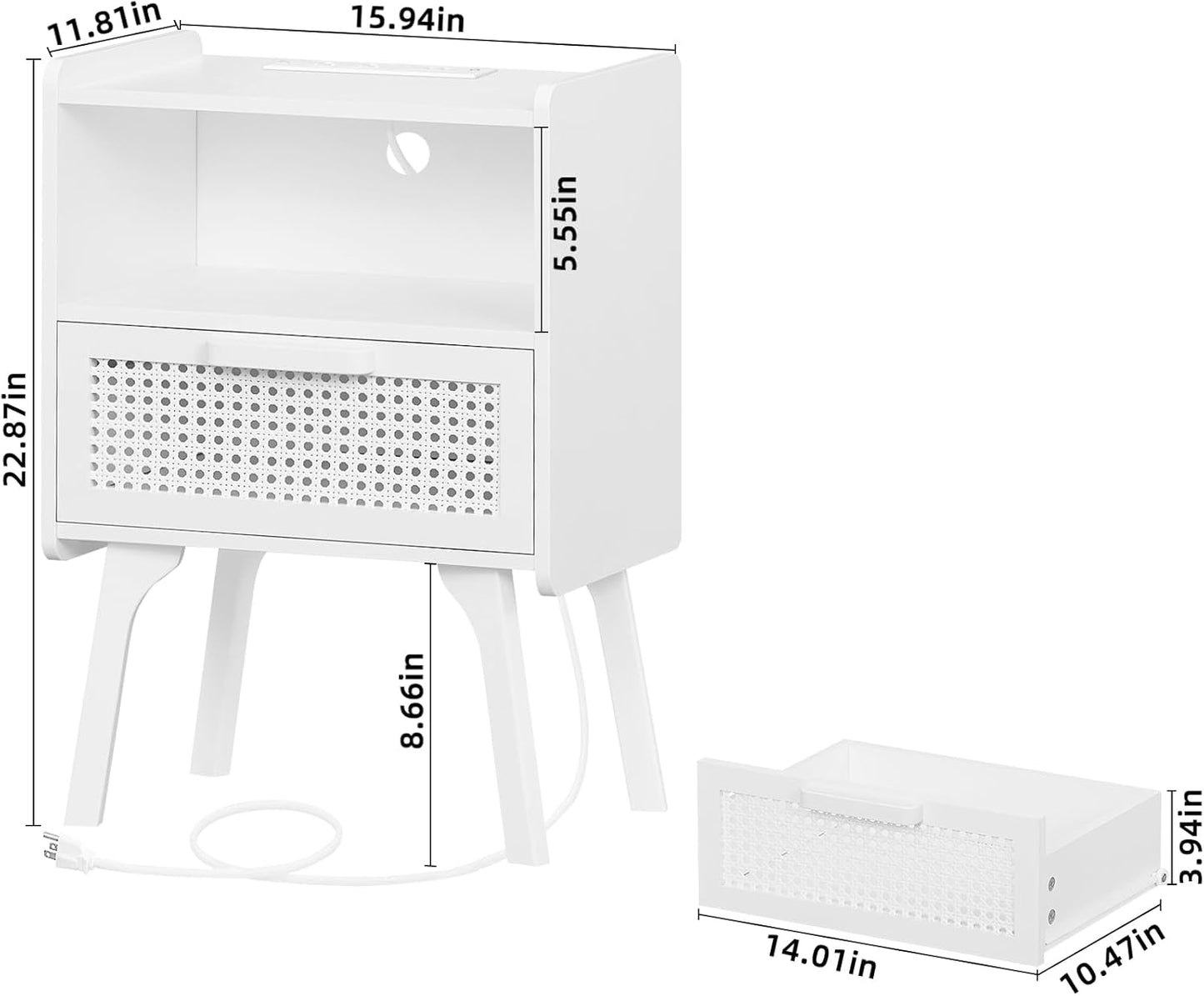 Lerliuo Rattan Nightstands set of 2 with Charging Station, Side Table with Drawer Open Shelf, Cane Accent Bedside End Table with Solid Wood Legs, Night Stand for Bedroom, Dorm and Small Spaces (White)