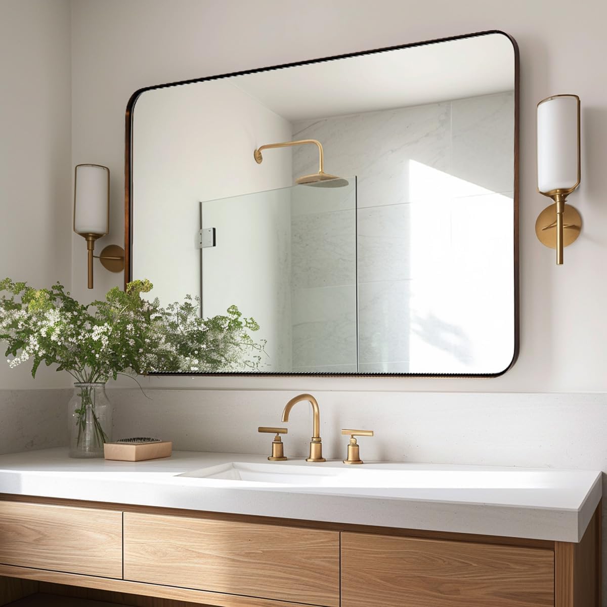ANDY STAR Bronze Mirror for Wall, 30x36” Rounded Rectangle Bathroom Mirror, Modern Stainless Steel Metal Frame for Vanity