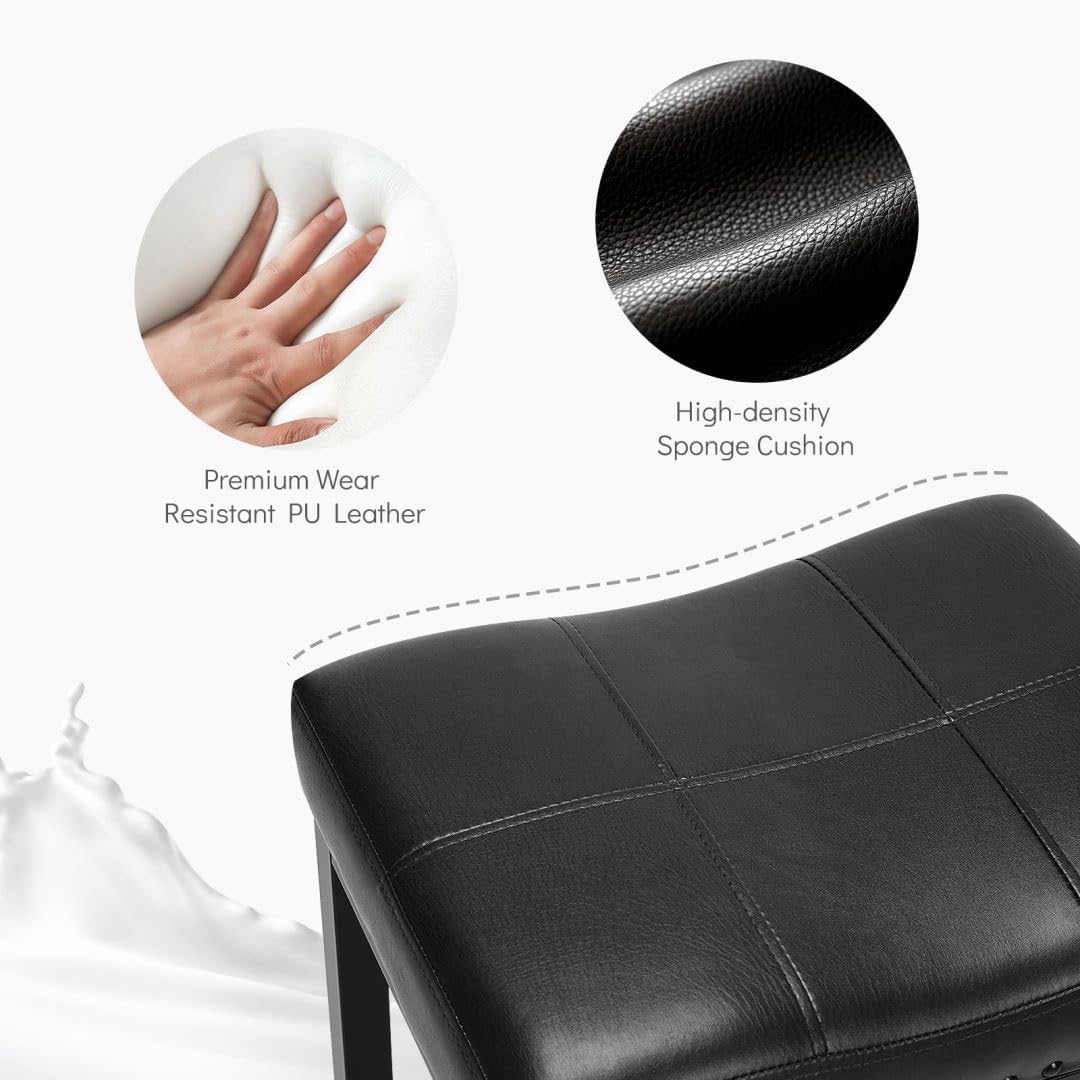 Counter Stools Set of 2 Upholstered Counter Height Bar Stools with Padded Seats and Metal Base, Leather Saddle Stool for Modern Kitchen Island, 22.4-Inch, Black