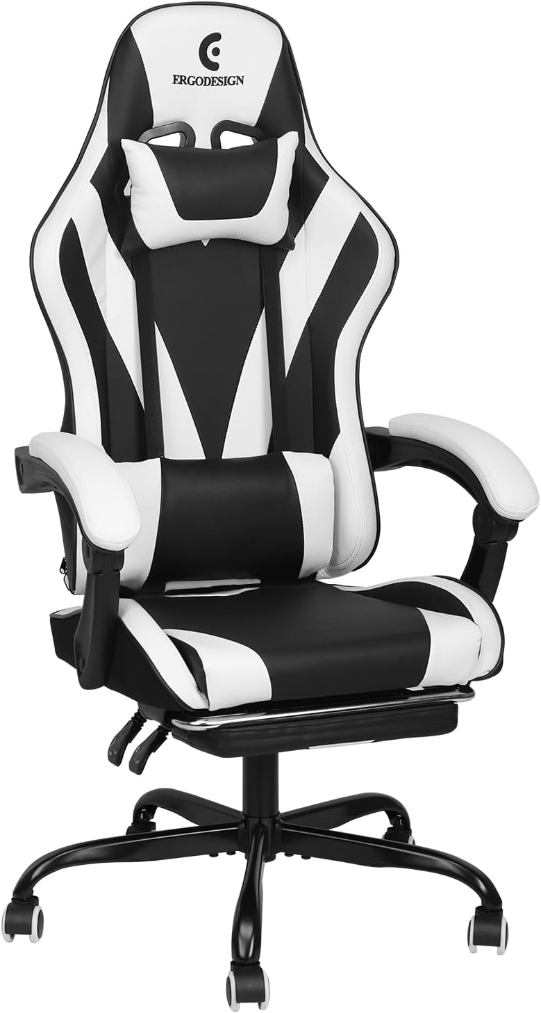 Gaming Chair with Linkage Armrest & Footrest, High Back Video Gaming Chair, Black/White