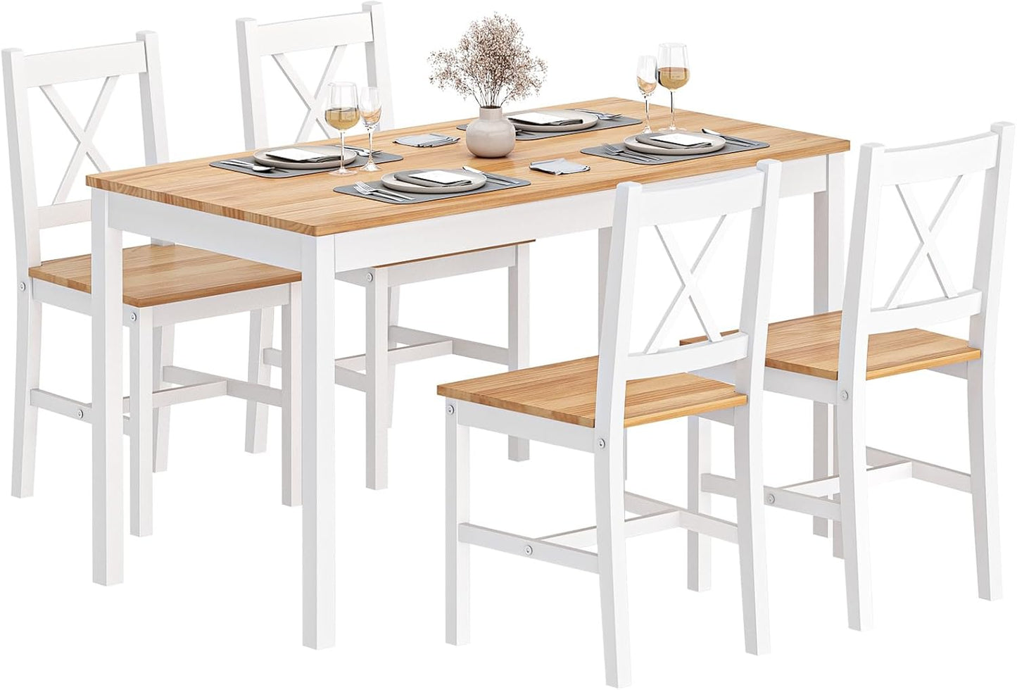 soges Dining Table Set for 4, 42.5 inch Pine Wood Dining Room Table with 4 Chairs, 5-Piece Kitchen Table Chairs Set for Small Space, Apartment, Dinette, Breakfast, White and White