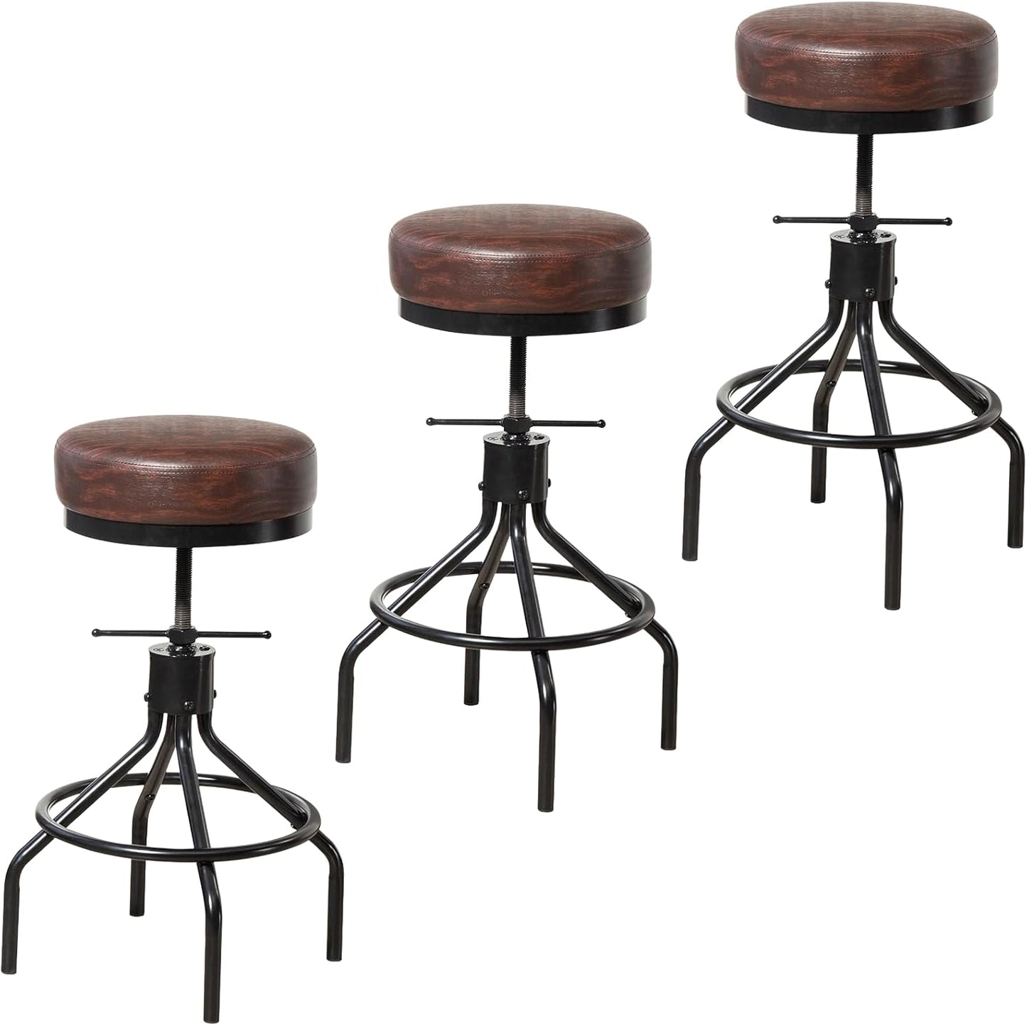 Counter Height Bar Stools Set of 3 Adjustable Swivel Barstools Industrial Modern PU Leather 28inch Round Backless Counter Height Stool Metal Bar Chair for Kitchen Island (3, Walnut)