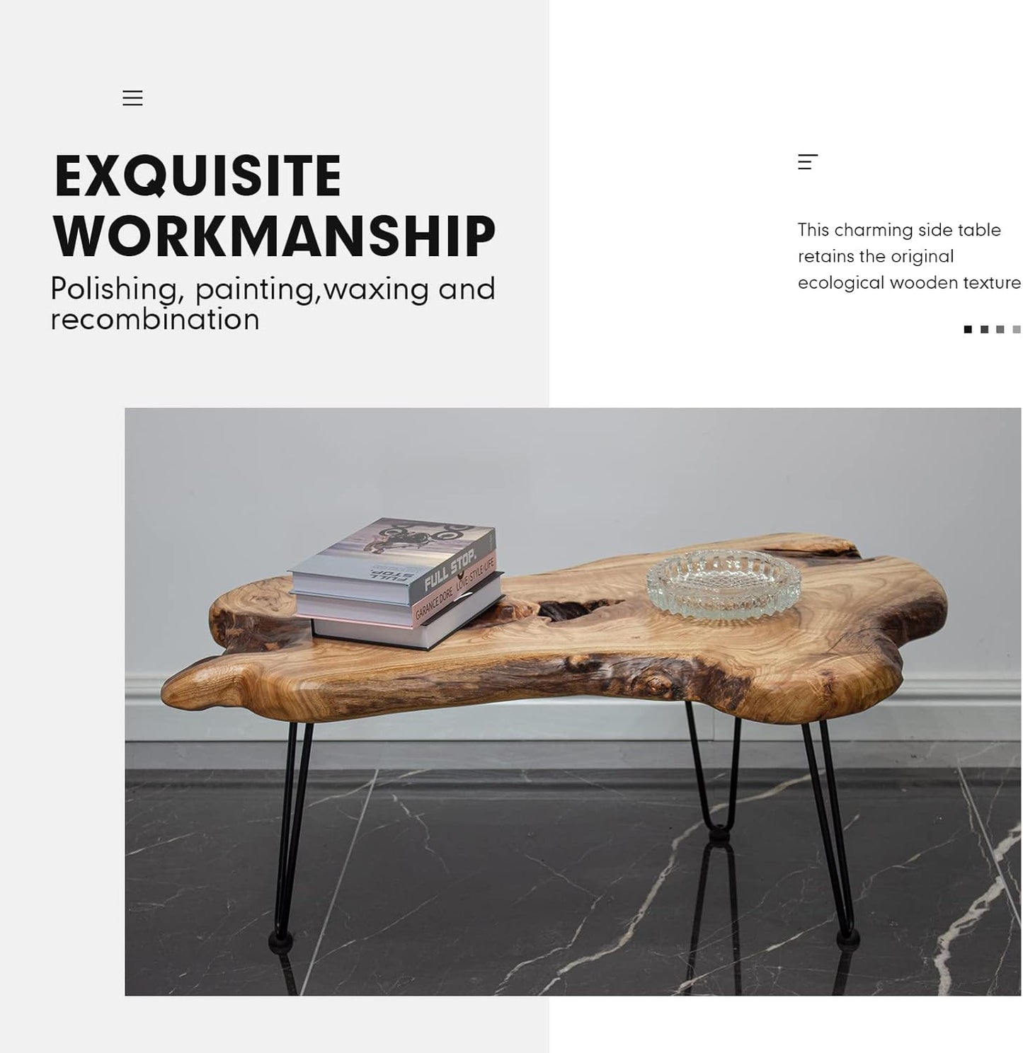 Natural Wood Edge Contemporary Coffee Cocktail Table, Live Edge Coffee Table,Living Room Coffee Table with Clear Lacquer Finish and Metal Hairpin Legs,Unique Desktop