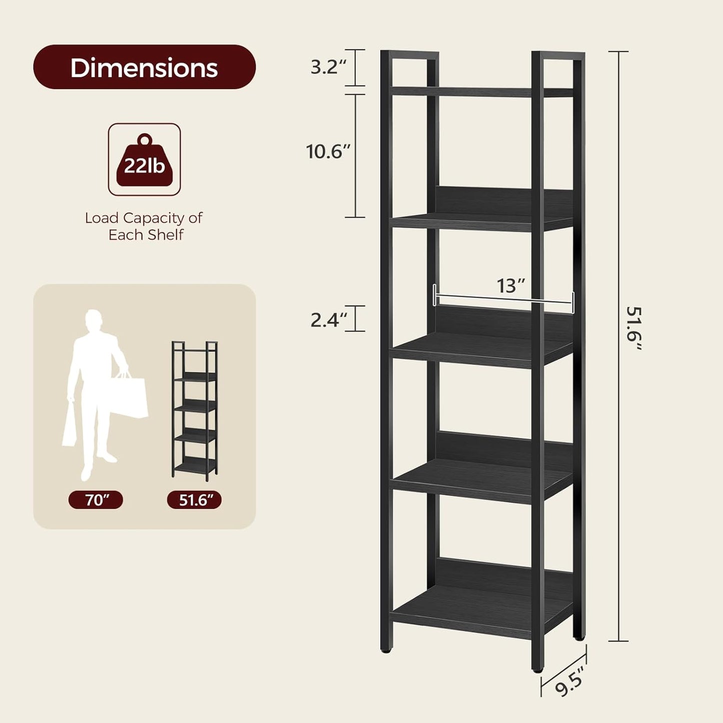 5-Tier Bookshelf, Bookcase, Shelves Organizer for Small Spaces, Storage Shelf Organizer, for Living Room, Bedroom, Study, Balcony, Black BKHB5501