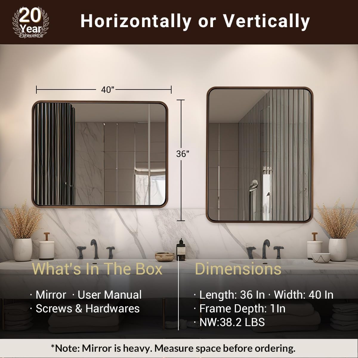 ANDY STAR 40x36 Inch Bronze Bathroom Mirror, Rounded Rectangle Oil Rubbed Bronze Mirrors for Bathroom,Tube Metal Framed, 1’’ Deep Wall Mounted Vertically/Horizontal